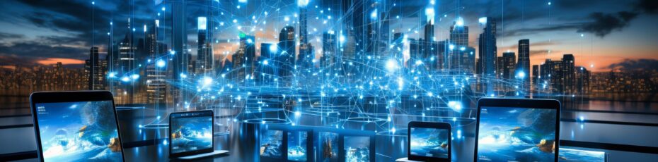 A swirling galaxy of mobile devices, each screen displaying a different financial app ICT AXP Adviseurs